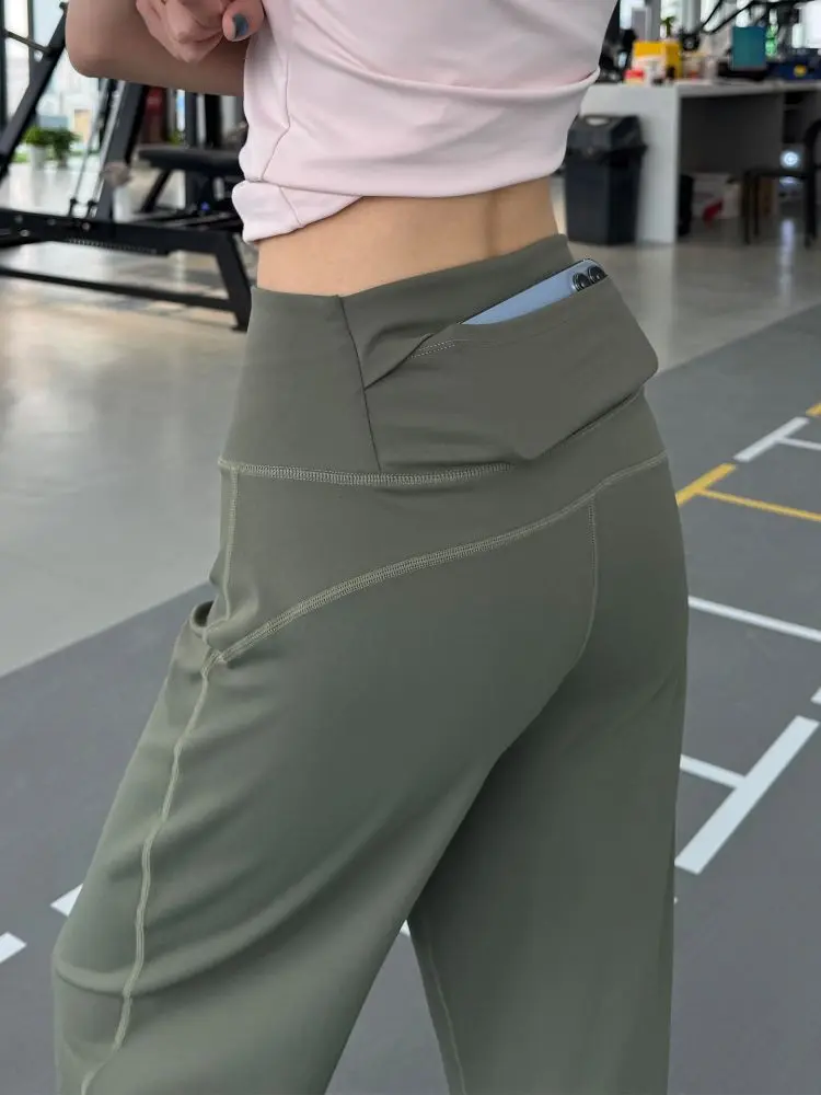 军绿色速干瑜伽直筒裤女夏季高腰宽松瑜伽健身小个子训练运动长裤