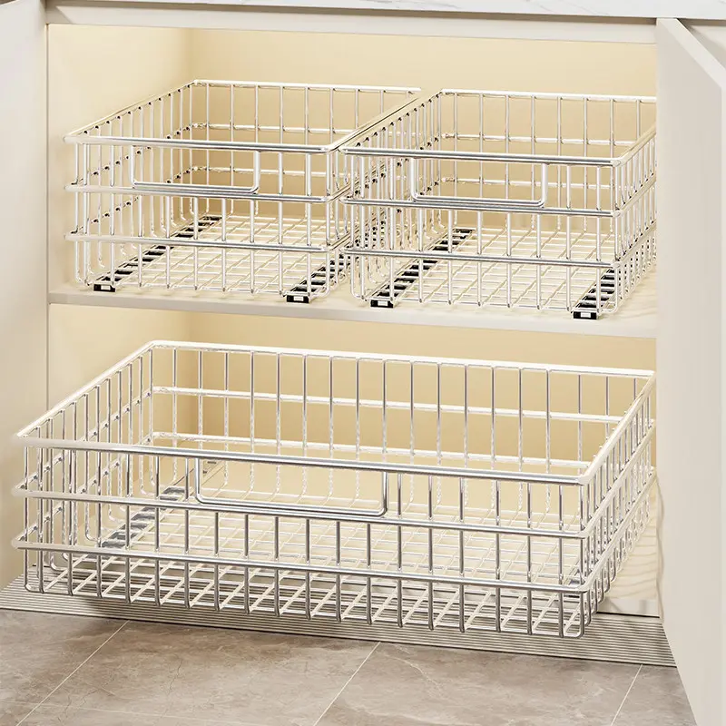 Pull-out storage basket under kitchen sink, layered vegetable rack