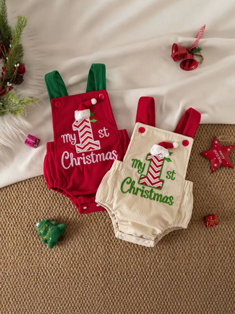Kız Bebek Noel Temalı Fitilli Kadife Kolsuz Tulum, Nakışlı
