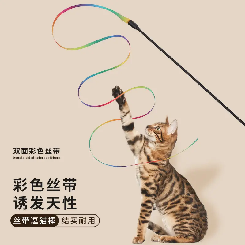 Langer Katzenangel-Spielstab mit doppelseitigem Regenbogen-Webband