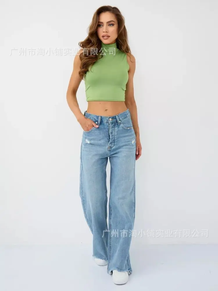 Kadın Retro Geniş Paça Kot Pantolon, Yüksek Bel Yerlere Kadar Uzanan