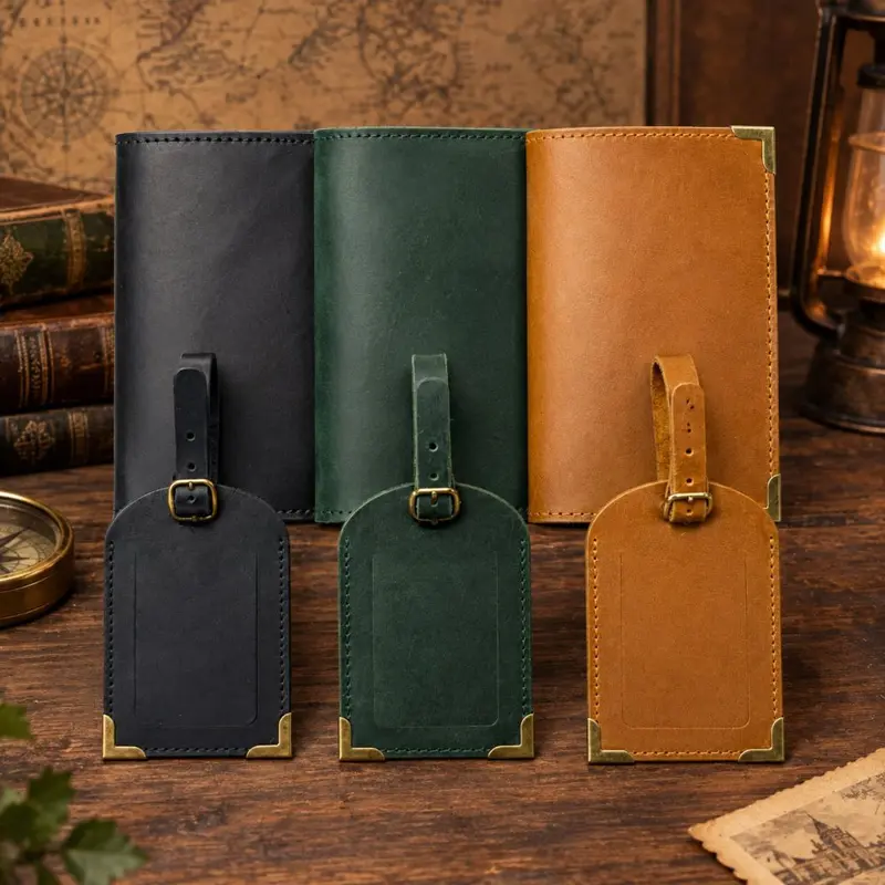 Crazy Horse Leder Reisepass-Tasche mit Vintage Gepäckanhänger