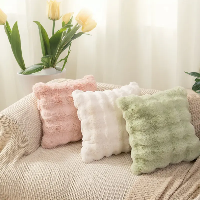 Bubble Rabbit Fur Plush Pillow Cover, Nordic Lumbar Cushion