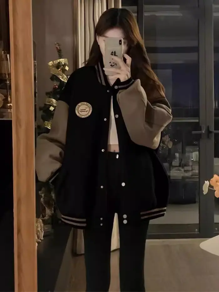 Baseball-Jacke im faulen Grenzstil für Frauen, Herbst- und Winter-Fleece-Futter, dicke Retro-Loose-Casual-Cardigan-Sweatshirt, INS-Trend