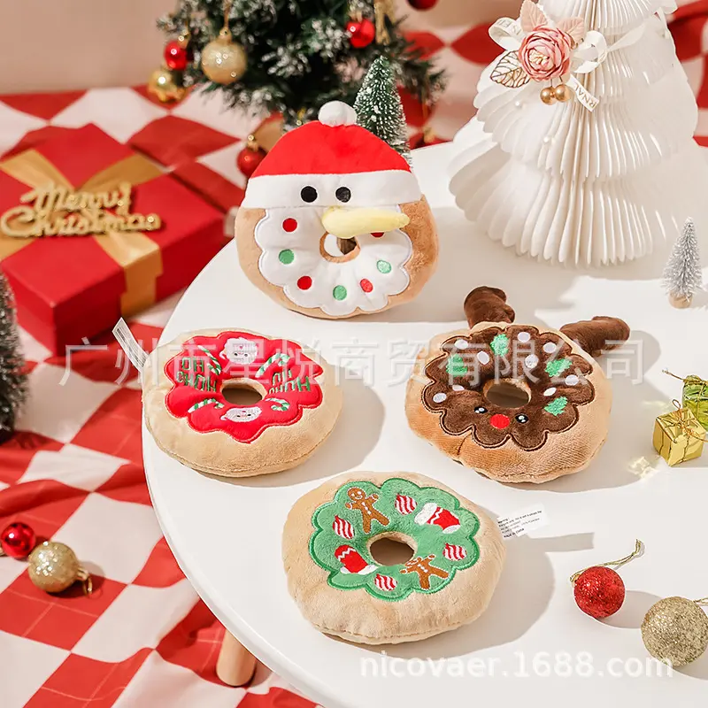 Nicovaer Pet Cross-Border Source Factory Small Cat and Dog Plush Christmas Donut Toy with Squeaker for Companionship