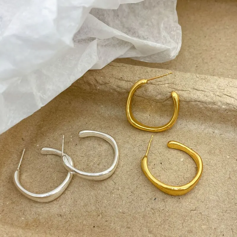 Women's Copper-Plated C-Shaped Irregular Hoop Earrings with Silver Post