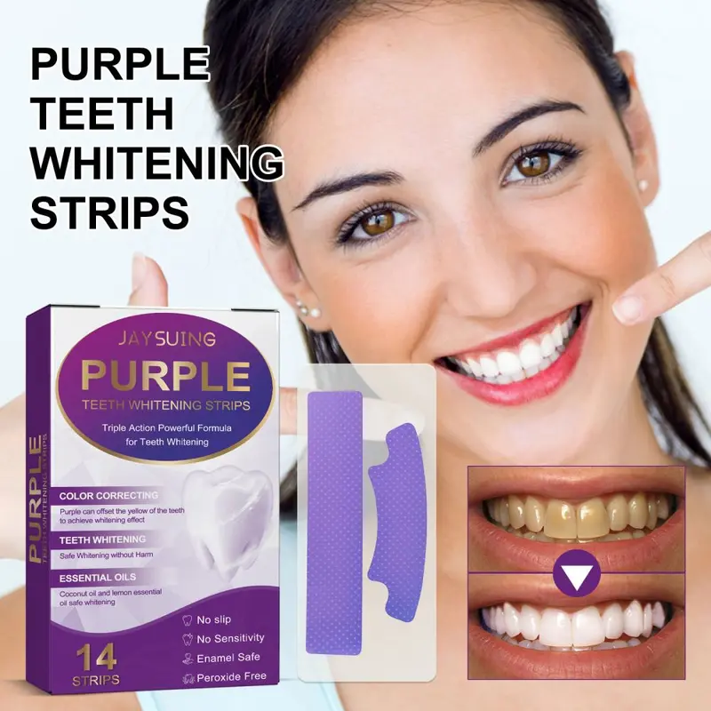 Jaysuing Purple Bright White Teeth Strips Remove Yellowing and Stains Deep Cleaning Oral Health Care Teeth Whitening Strips