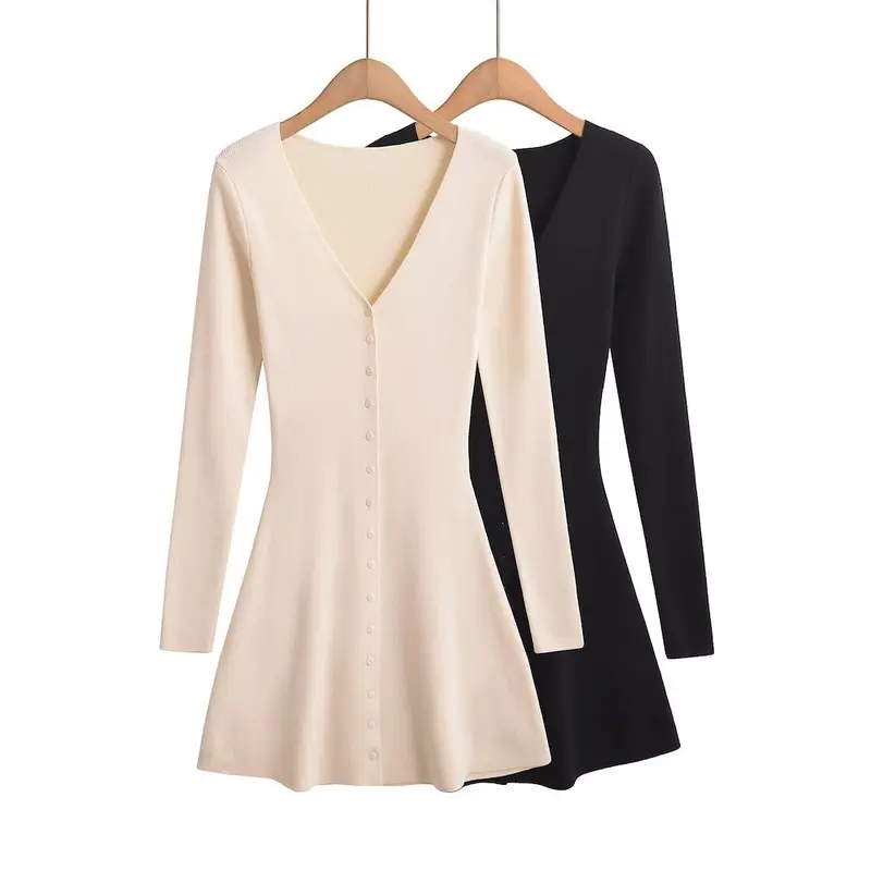 YPFF Damenkleid mit tiefem V-Ausschnitt, langarm, Strick, Herbst
