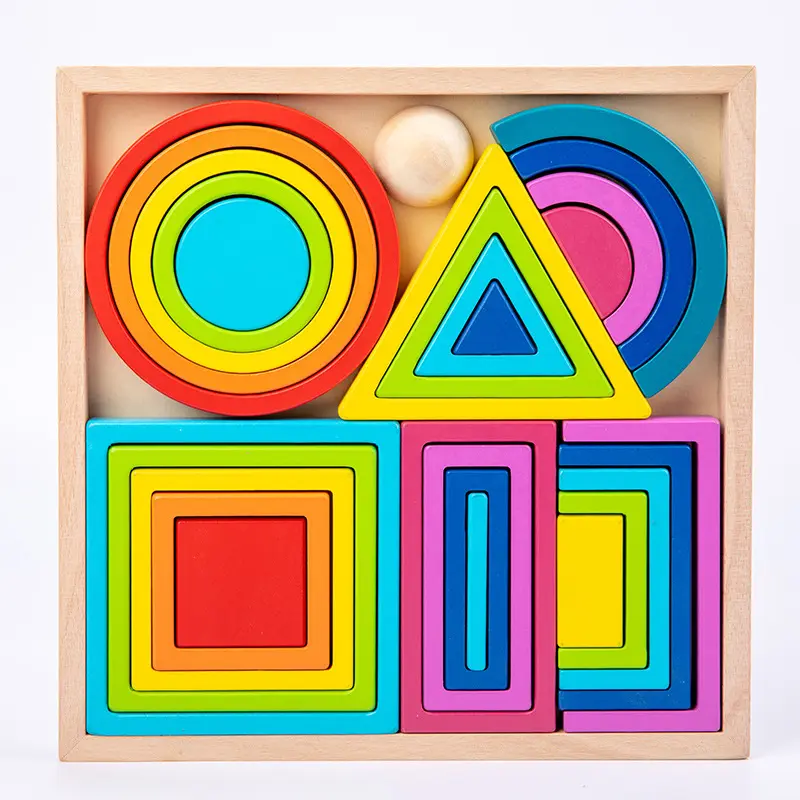 Wooden Box Geometric Rainbow Building Blocks Early Education Toy