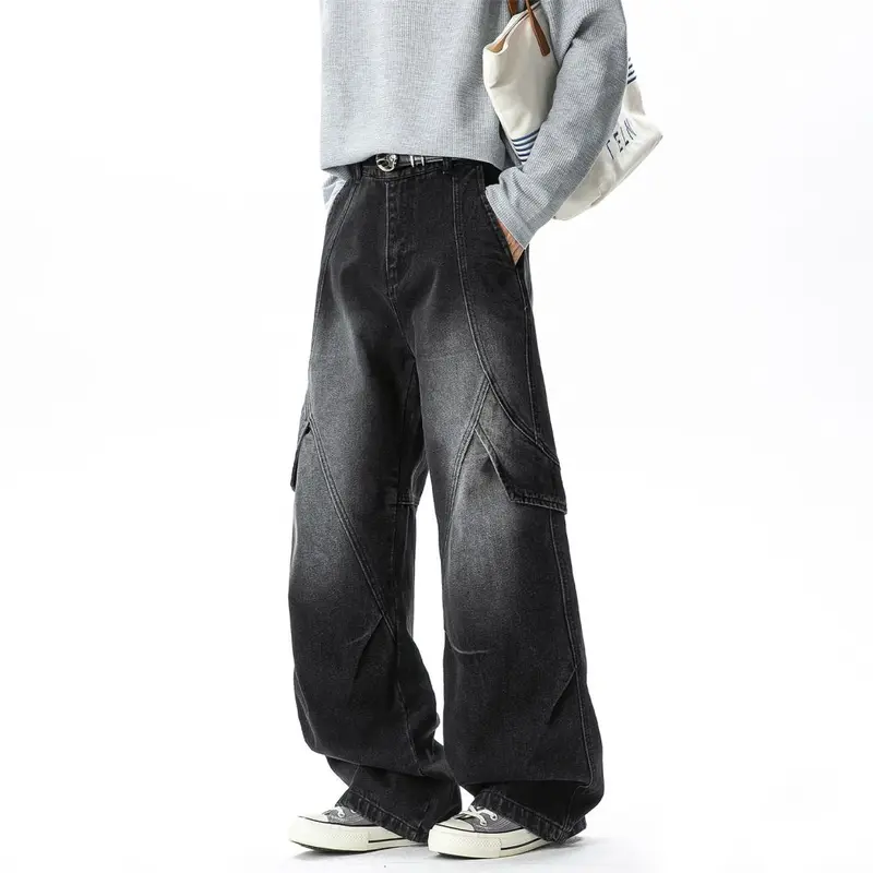 Herren-Jeans in Schwarz, locker gerade Passform, Patchwork-Details