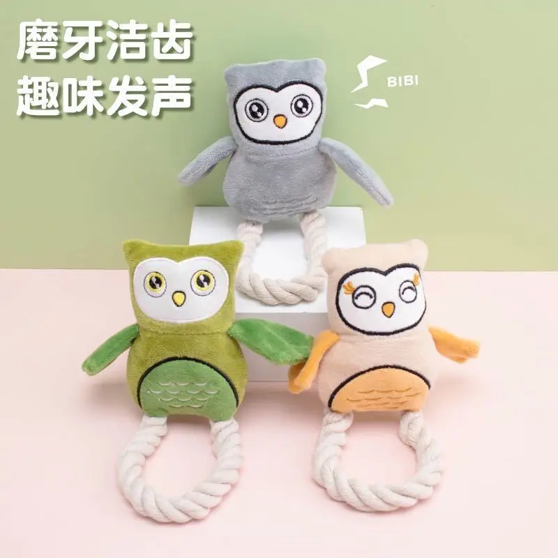 Plush owl dog toy with cotton rope and sound