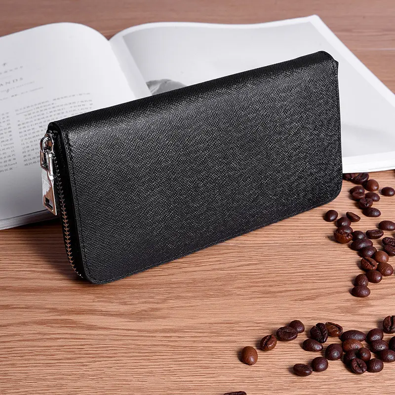 Men's Mid-Length Wallet, Split Leather, Zipper Clutch