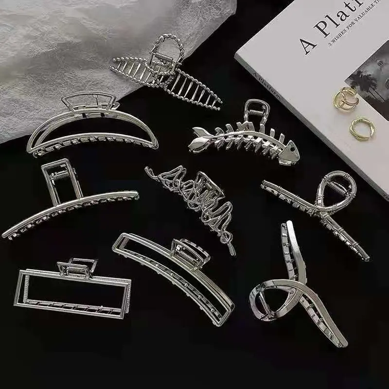 Kalın saçlar için büyük gümüş metal saç tokası, geometrik saç pençe tokası, saç aksesuarı, Kore köpekbalığı tokası.