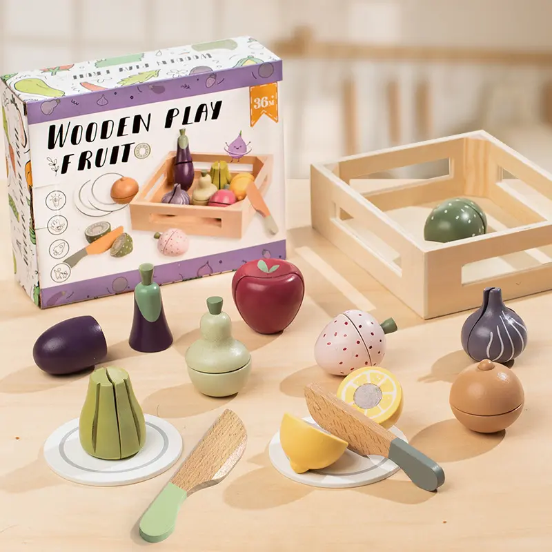Wooden Early Education Intelligent Simulation 14-piece Tableware Fruit Cutting Play Set Baby Pretend Play Kitchen Toy