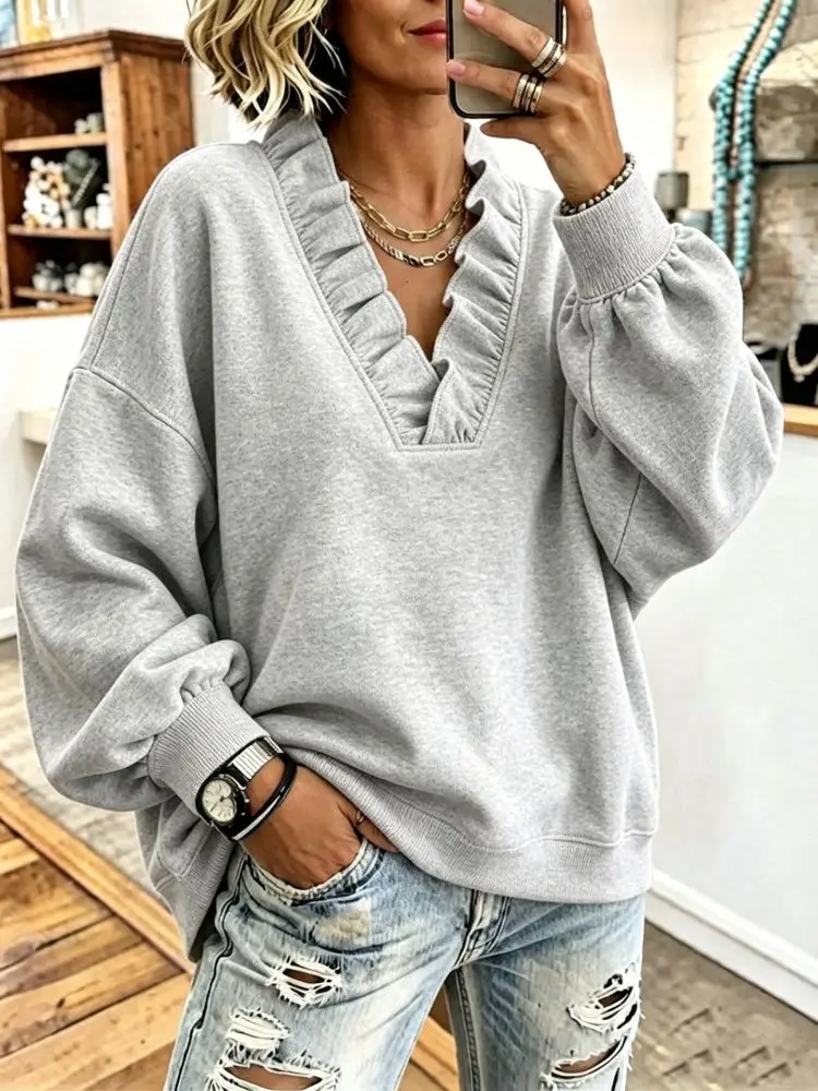 Kadın fırfırlı V yaka uzun kollu sweatshirt, sonbahar ve kış, bol kesim