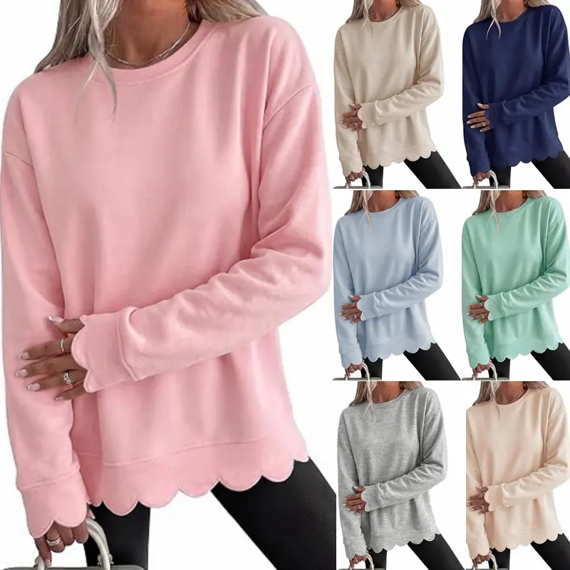 Women's Solid Color Round Neck Long Sleeve Fan-Cut Sweatshirt