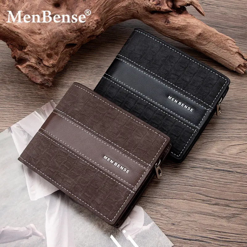 Men's Short Wallet in Crocodile Pattern Leather with Zip Coin Pocket