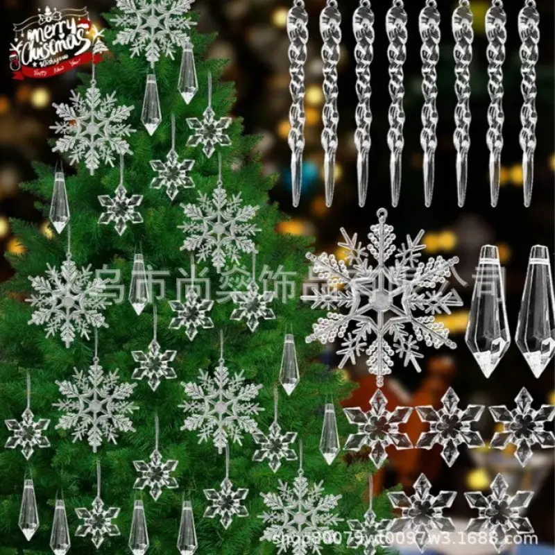 24-teiliges Weihnachts-Acryl-Schneeflocken-Set mit Eiszapfen-Anhängern