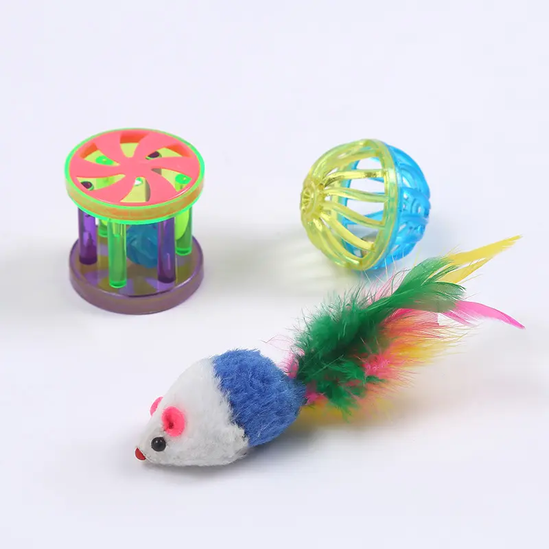 Katzenspielball-Set mit Geräuschball, Plüschmaus und Glöckchen
