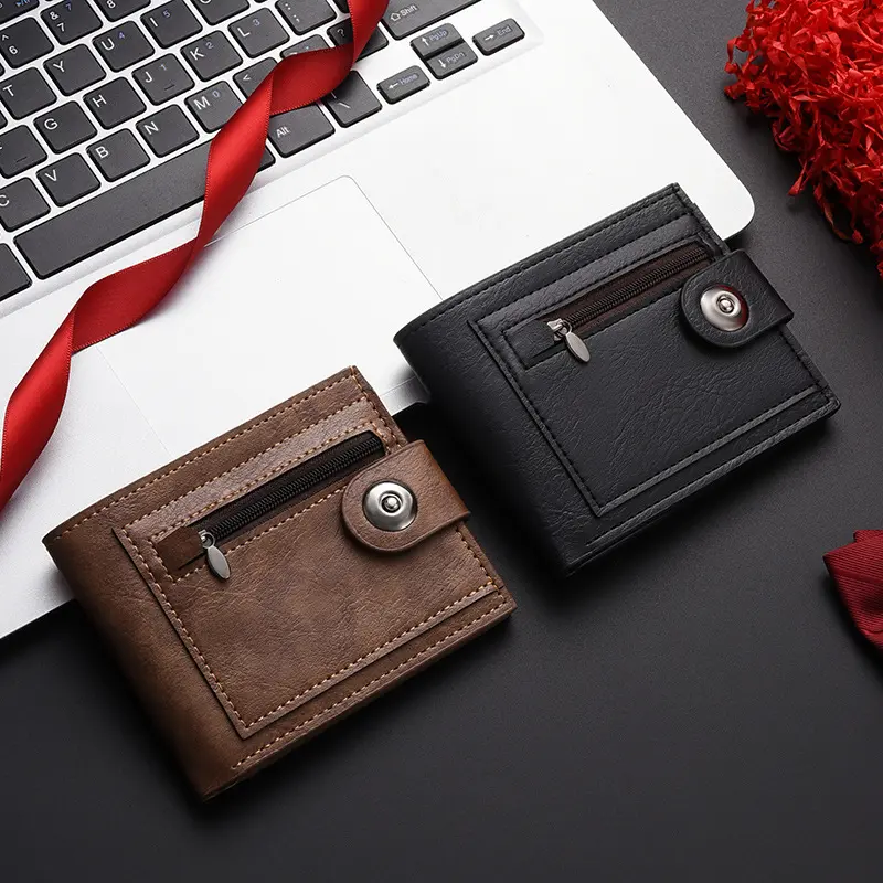 Men's Slim Short Wallet with Zipper Coin Pocket, Leather