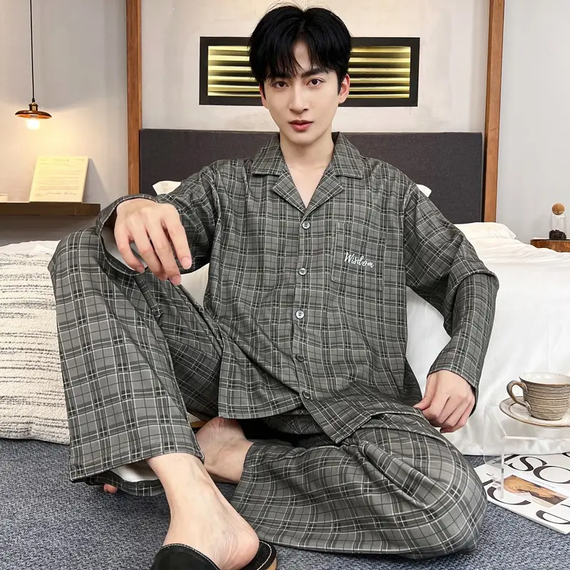 Herren-Pyjama-Set langarm mit Strickjackenkragen, Übergröße