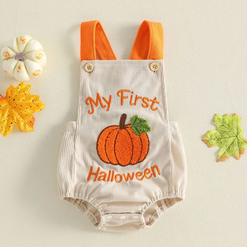 Pumpkin Embroidered Towel Baby Romper, Waffle Fabric