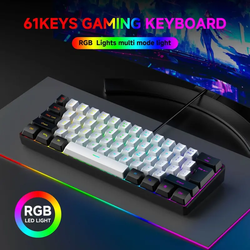 61 tuşlu RGB oyun kablolu klavye ve fare seti renkli MINI mekanik olmayan film siyah beyaz bilgisayar klavyesi