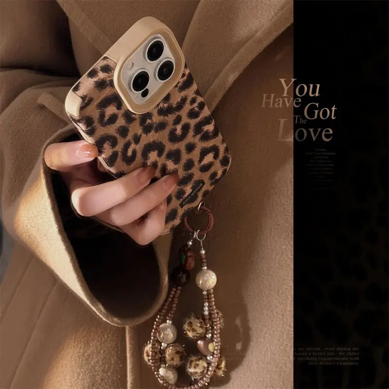 Leopard Print Plush Phone Case with Cord for iPhone 16