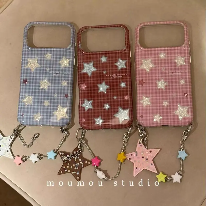 Silver Star Plaid Wrist Strap Phone Case, Compatible with iPhone 16 and 17