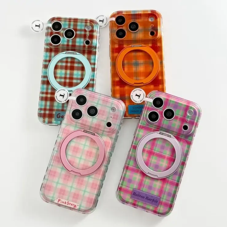 360 Swivel Stand Semi-Transparent Plaid Phone Case for iPhone 17 Pro Max