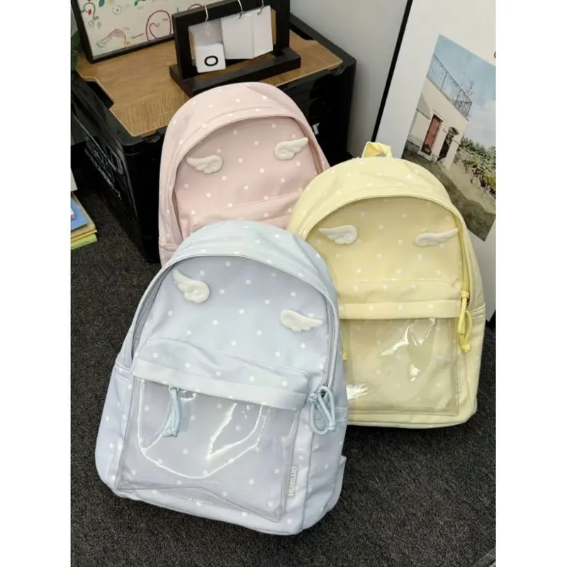 Blue Polka Dot Retro Backpack, Small Capacity, Japanese Style