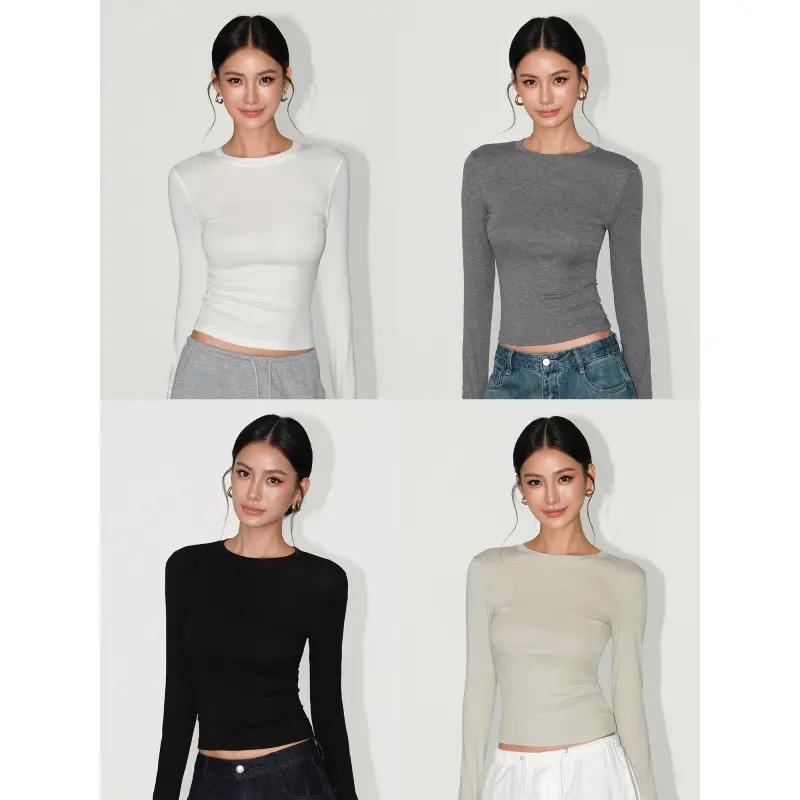 Weißes Damen-Langarmshirt, Rundhalsausschnitt, schmale Passform