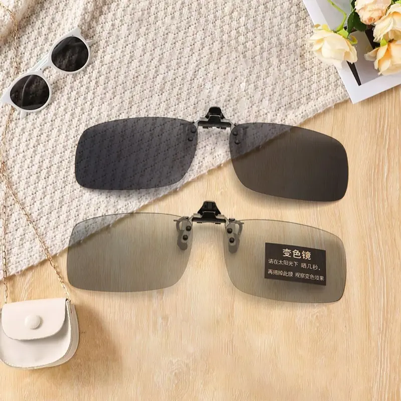 Metal Square Frame Polarized Clip-On Sunglasses, Day and Night, Flip-Up