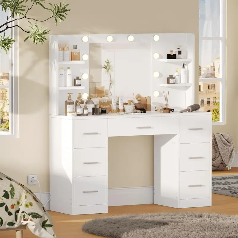 Modern Bedroom Wooden Dressing Table with 7 Drawers and Mirror