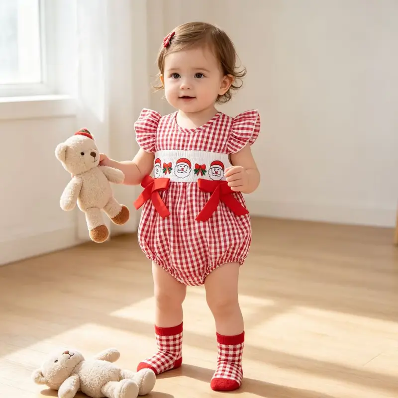 Newborn Christmas Romper with Plaid Pattern and Embroidered Bow