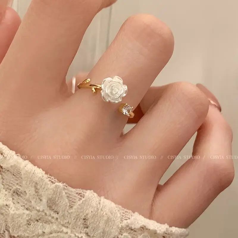 Camellia open ring, zircon, adjustable, women's index finger ring