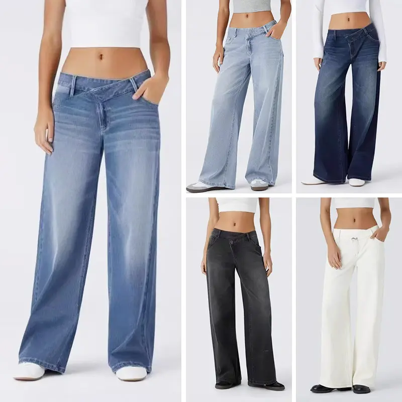 Damen Jeans Hose mit weitem Bein im Vintage-Stil, lockerer Schnitt, niedrige Taille