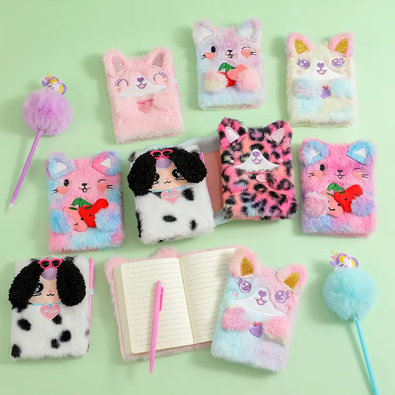Cartoon Animal Plush Notebook Set with Pen for Kids