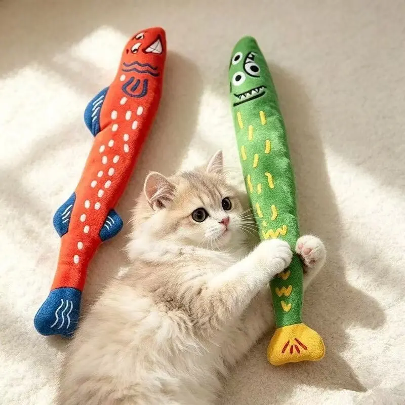 搞怪长条鱼猫玩具耐咬灯芯绒响纸发声自嗨磨牙逗猫棒宠物猫咪用品