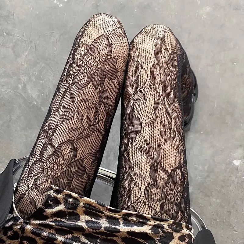 Damen ultradünne Strumpfhose mit Hohlmuster, Retro-Spitze mit Blumenmuster, Schwarz