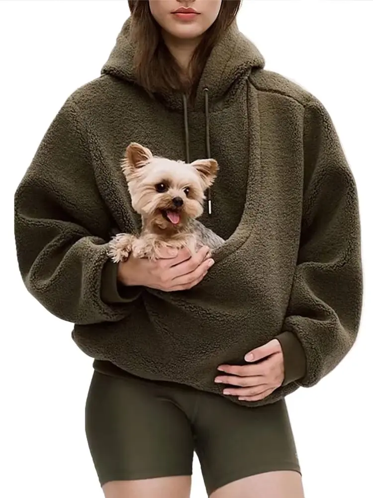 BK8837# Amazon Avrupa Amerika Sonbahar Kış Sınır Ötesi Düz Renk Kapşonlu Peluş Evcil Hayvan Cepli Geniş Kesim Sweatshirt Kadın