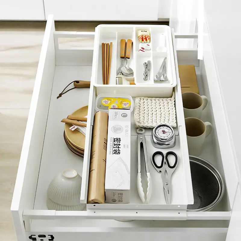 Drawer layered shelf, retractable basket, kitchen storage