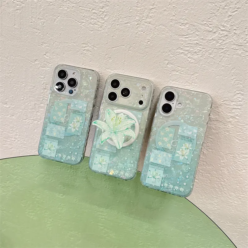 iPhone 17 Handyhülle, Minzgrün, Lilienmuster, magnetisch