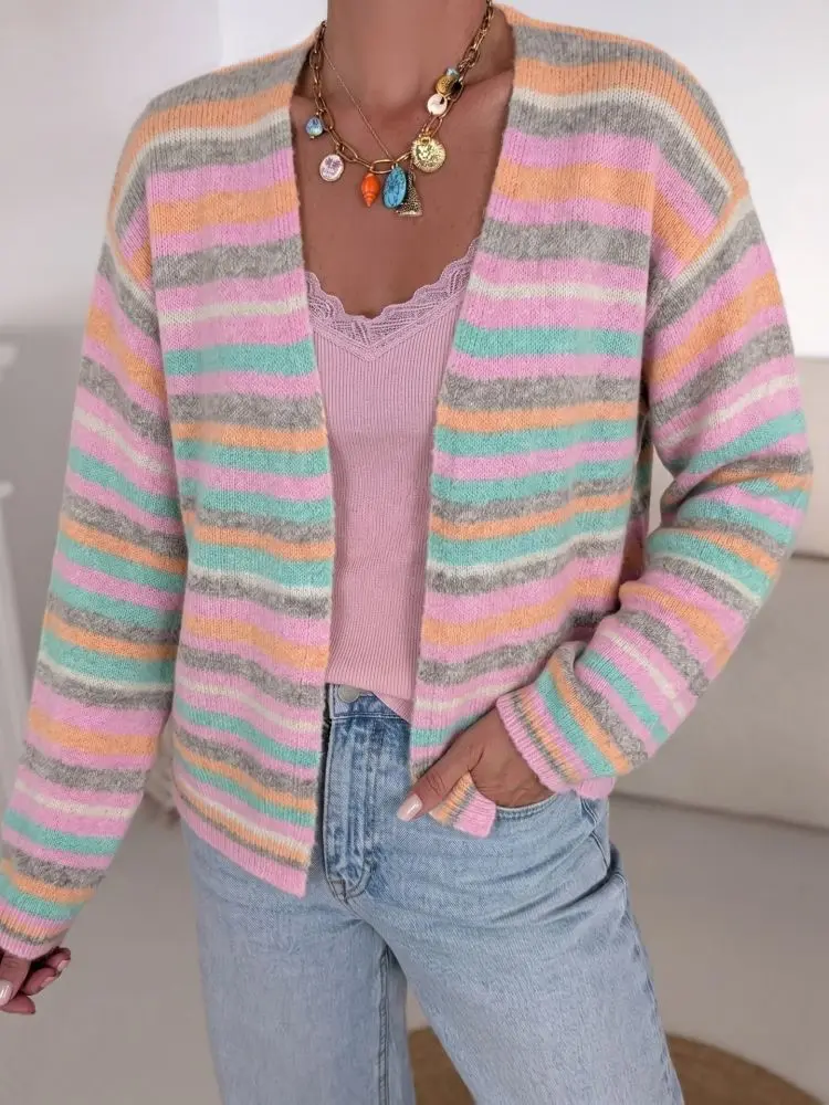 Damen-Strickjacke mit Regenbogenstreifen und langen Ärmeln