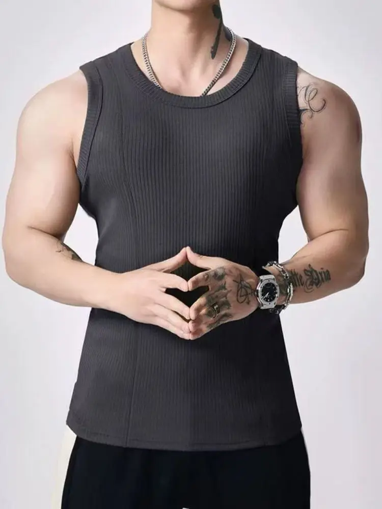 Men's Ribbed Fitness Tank Top, Breathable Solid Colour