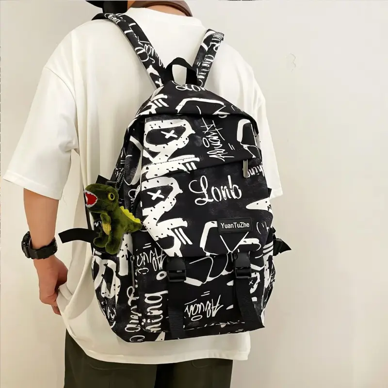 Men's Large Capacity Graffiti Backpack, Casual Daypack for College and Middle School Stude