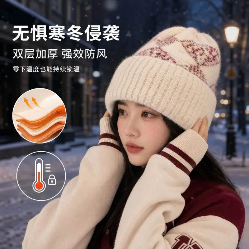 Korean-Style Diamond Jacquard Winter Knit Hat with Ear Protection