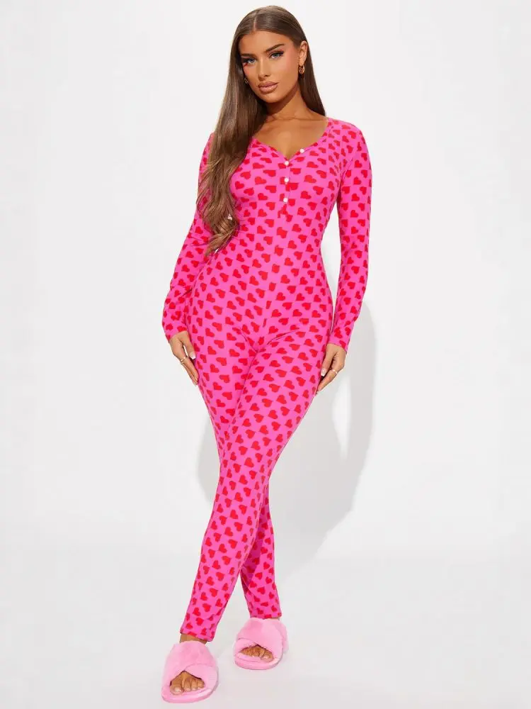 Valentine's Day Printed Jumpsuit with Open Back Button Detail, Sexy Sleepwear