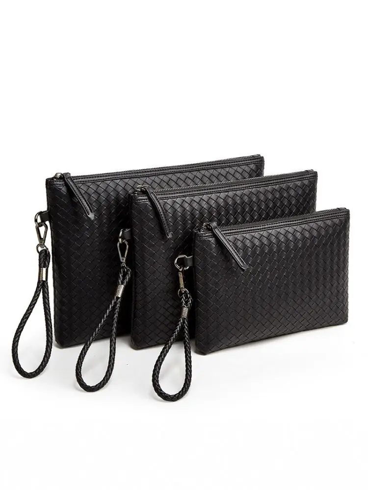 Men's Woven Clutch Bag, Soft Leather, Waterproof Zipper Wrist Bag