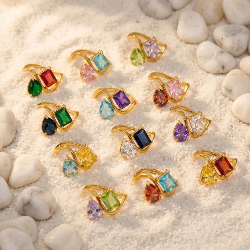 12 Birthstone Ring Replaceable Colored Gemstone Ring Luxury Titanium Steel Gold Plated Ring Women